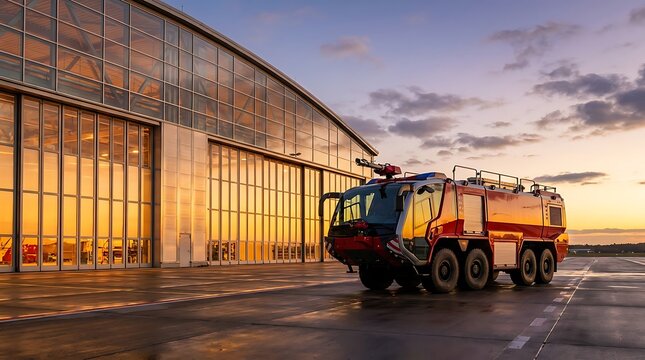 A modern red airport fire truck parked on the tarmac outside a large airplane hangar during a golden sunset at an international airport facility