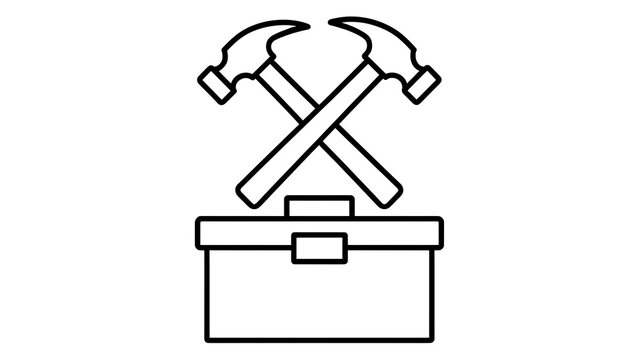 Crossed hammers on toolbox icon white background.