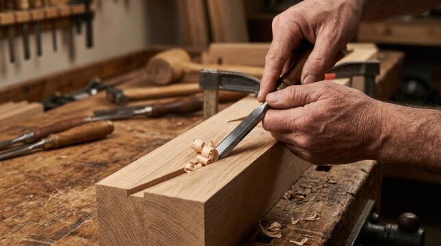 Craftsman's hands using a chisel to carve wood on a workbench with tools carpenter