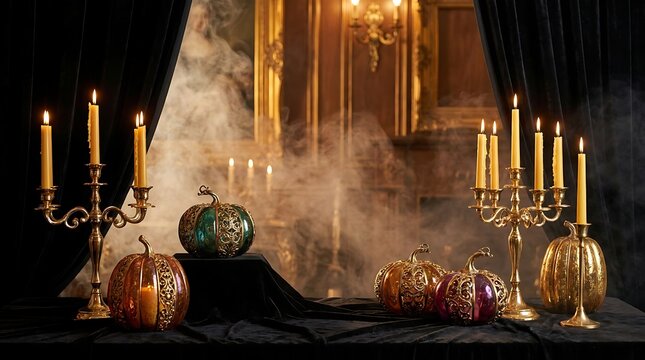 Luxury Halloween table setting with ornate golden pumpkins, candelabras and black velvet drapes