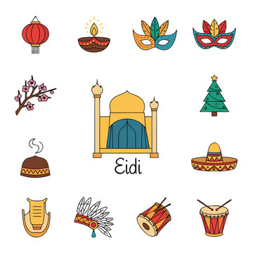 Set of international cultural symbols and religious festival icons with festival religion tradition