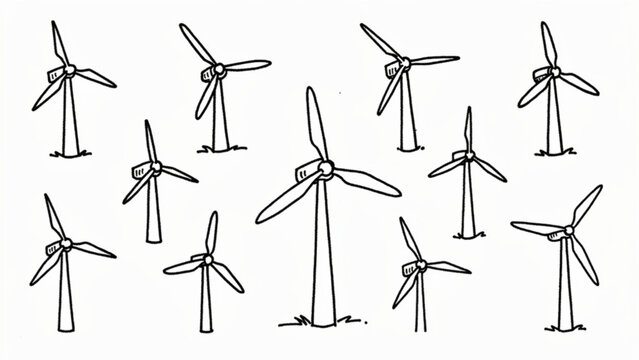 illustration of multiple wind turbines in a row with a prominent turbine in the center on a clear sky background