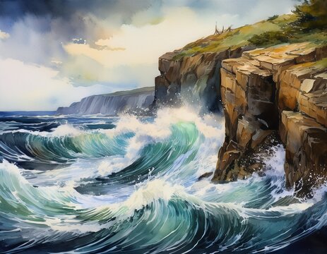paysage aquarelle dans la tempete avec des vagues qui s ecrasent conte la falaise