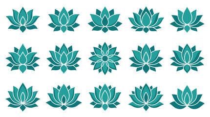 Fototapeta premium Set of 15 teal lotus flower vector icons isolated on a white background, featuring various symmetrical floral designs suitable for spa, wellness, yoga, and luxury branding logos.