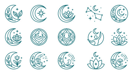 Set of 15 teal celestial and mystical line art icons featuring crescent moons, lotus flowers, stars, floral elements, and geometric shapes for feminine branding and logo design. © ROUDLOTUTTHULLAB