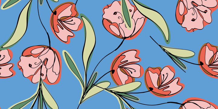 Hand-Drawn Floral Continuous Line Blue Background