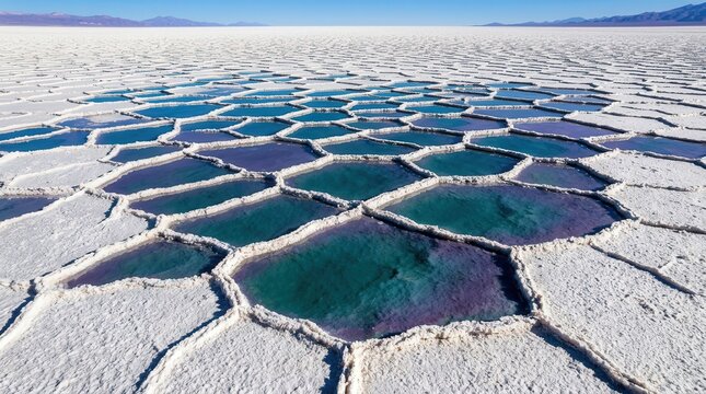 Stunning aerial view of the hexagonal salt crystals and vibrant turquoise water pools located across the vast white expanse of the famous Uyuni salt flat desert