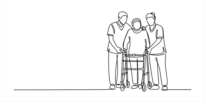 Continuous single line drawing of two nurses helping a senior woman walk with a walker Vector, illustration