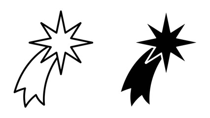 Shooting Star Icon Duo: Two minimalist icons of a shooting star, one in outline and one solid black, representing a celestial event or a symbol of hope. © Murshida