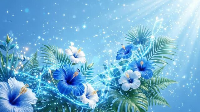 Vibrant blue and white hibiscus flowers intertwined with palm leaves and ferns. Exotic floral design concept for summer backgrounds and nature themes
