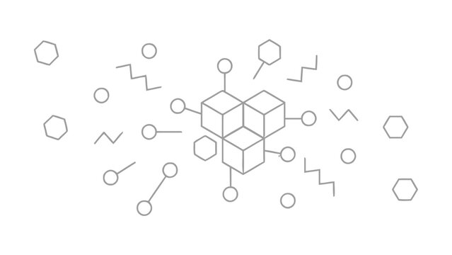Gray molecular structure with various shapes and connections