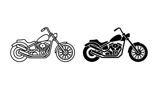 Classic Motorcycle Iconography: A stylized, minimalist illustration of a classic American chopper motorcycle, presented in both outline and silhouette, embodying freedom and the open road.