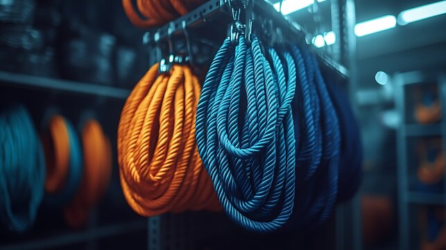 Climbing Ropes Hanging in Industrial Warehouse.