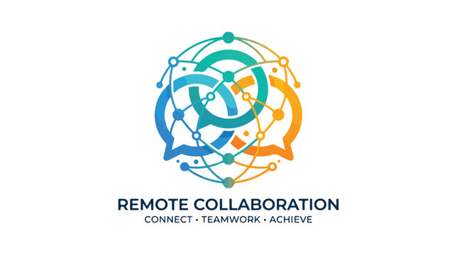 Remote collaboration network concept with interconnected communication speech bubbles.