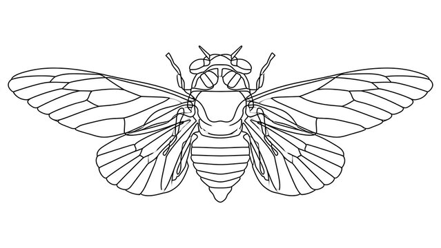 Detailed cicada line art illustration on white background.
