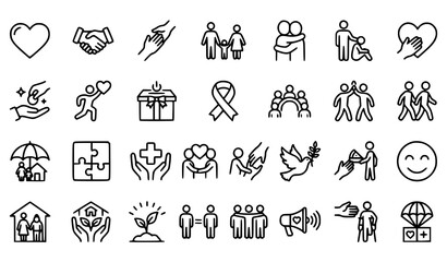Obraz premium Love Friendship Care and Charity Editable Stroke Outline Icons Set Flat Vector Isolated on White Background