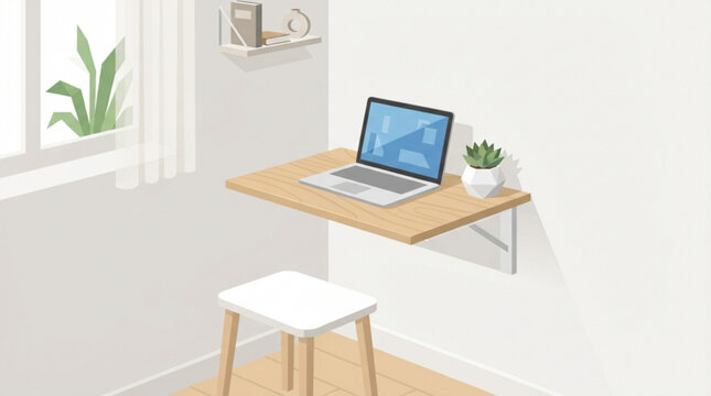 Minimalist wall mounted floating desk with laptop and stool in a bright modern home office interior setting for productive remote work environments