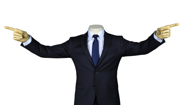 A headless man in a suit points with gloves on