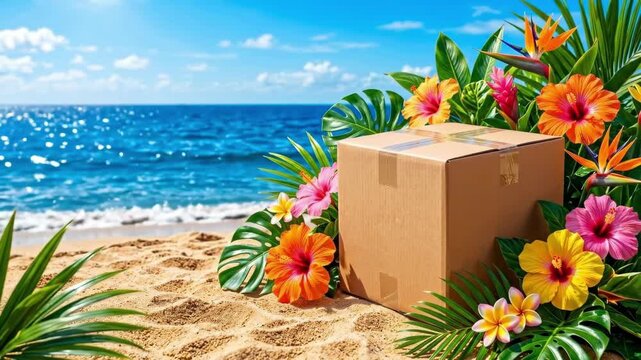 Cardboard box with tape on sandy beach surrounded by tropical flowers and palm leaves. Ocean waves in background. Summer delivery concept for vacation packages and exotic island paradise theme