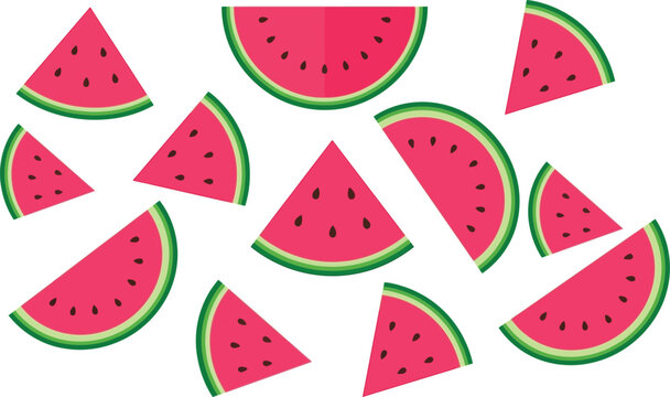 Vector illustration of fresh watermelon slices with red flesh, black seeds and green rind, scattered summer fruit pattern.