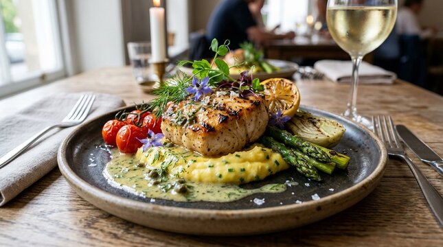 Grilled Monkfish Served On A Plate With Herbed Lentils And Roasted Fennel &ndash; Healthy Home-Cooked Dinner Food Photography
