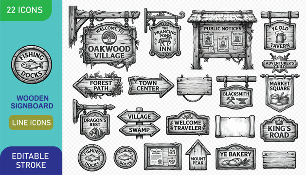 Set of fantasy wooden signboard icons for medieval village navigation and quest locations