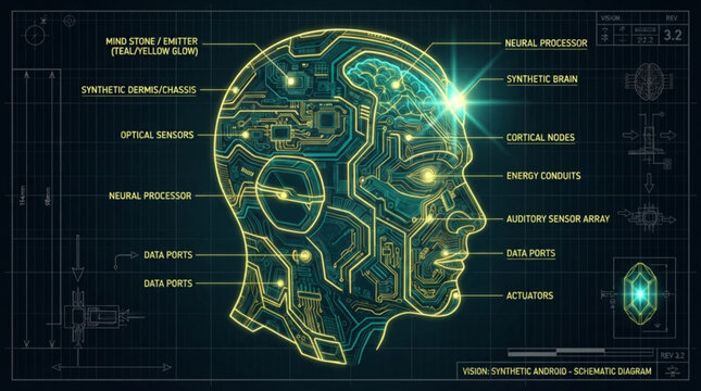 Technical blueprint schematic depicting the intricate neural circuitry and synthetic components of an advanced futuristic android head profile design
