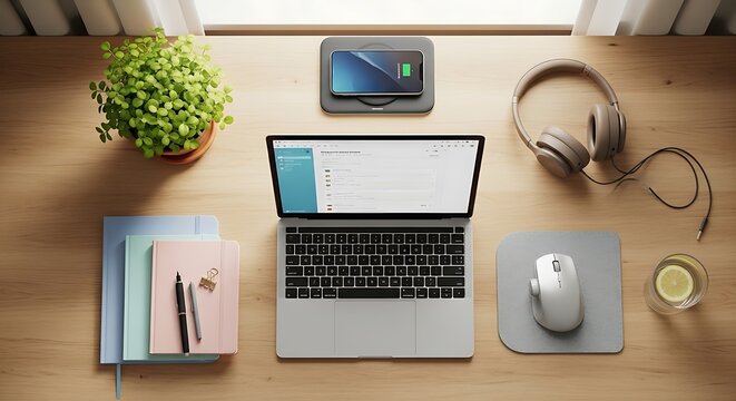 Flat lay of modern home office workspace on wooden desk with laptop and tech accessories workspace technology notebook stationery computer headphones