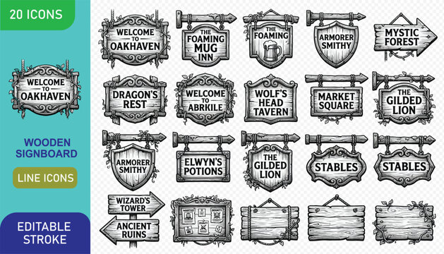 Set of vintage wooden signboard icons for fantasy role playing games and medieval village maps