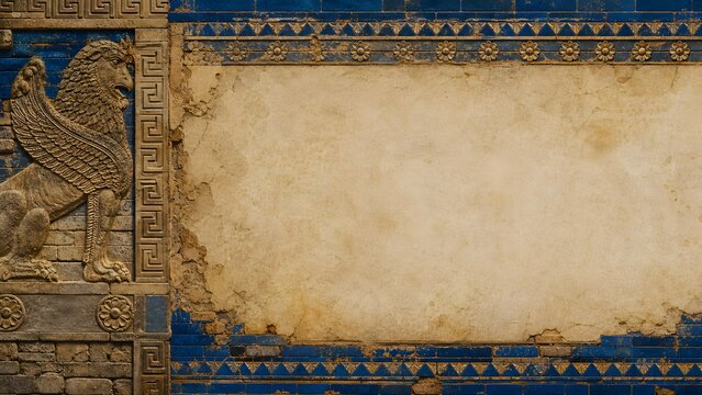 Ancient Winged Lion Relief with Blue Glazed Tile Ornament Parchment Background Banner