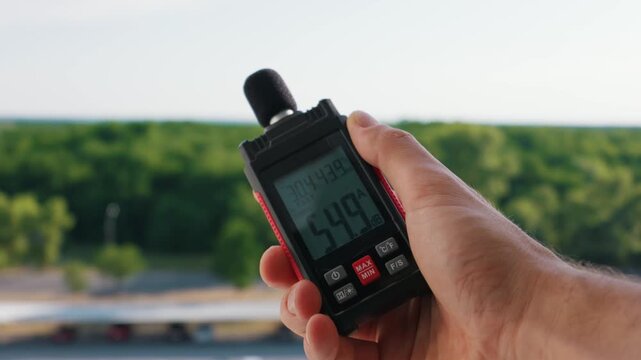 A hand holds a portable digital sound level meter against a blurred background of green trees and park area. The screen displays real-time measurements for decibels, temperature, and humidity