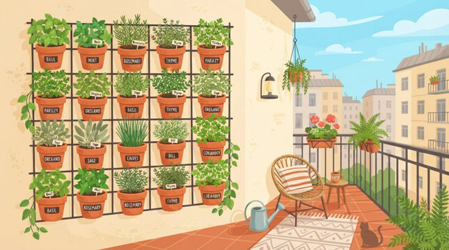A cozy urban balcony featuring a vertical herb garden with terracotta pots filled with fresh aromatic plants and a comfortable wicker seating area nearby