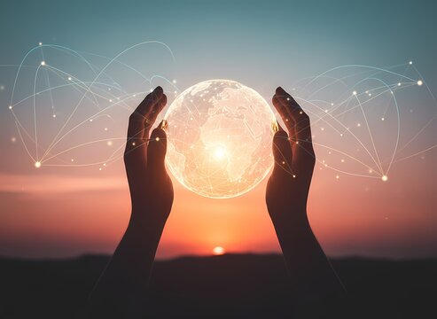 A silhouette of human hands lifts a glowing planet earth orb featuring interconnected network nodes against a soft evening sky to symbolize global connectivity and sustainable development