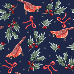 Fototapeta premium Christmas seamless pattern, red cardinal birds, green holly twigs with berries, bows, snowflakes, dark blue background. Vector illustration. Nature design. Season greeting. Winter holidays
