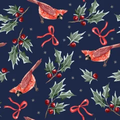 Christmas seamless pattern, red cardinal birds, green holly twigs with berries, bows, snowflakes, dark blue background. Vector illustration. Nature design. Season greeting. Winter holidays © ojardin