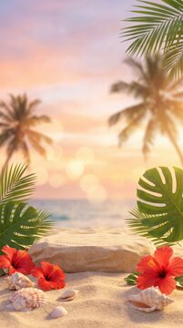 Empty sand podium on tropical beach with seashells and palm leaves at sunset for product display