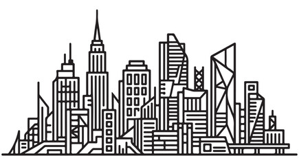 Fototapeta premium City skyline line art illustration with skyscrapers and urban buildings in minimalist black and white vector style