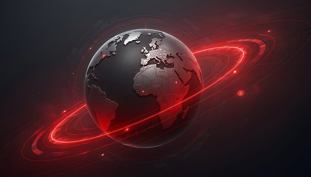Globe of Earth surrounded by glowing red orbits in space