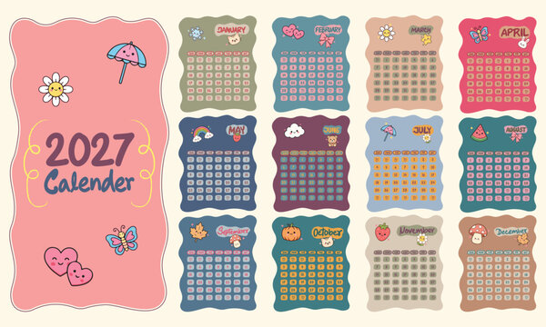 Cute Hand Drawn 2027 Monthly Calendar Planner with Kawaii Seasonal Design