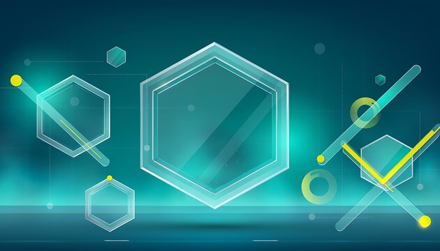Abstract glowing hexagons on a dark teal background with lines and nodes