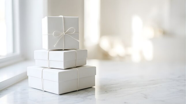 Stack of white gift boxes with string on a bright marble surface