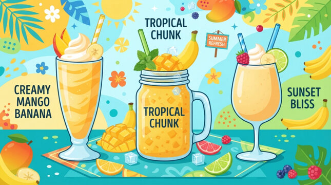 Vibrant tropical fruit smoothie assortment featuring refreshing mango and banana blends in a colorful summer celebration vector illustration design