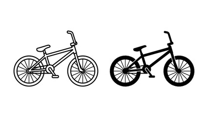 BMX Bicycle Iconography: A graphic representation showcasing a BMX bicycle in both line art and solid silhouette form, perfect for sports and leisure themes. © abidakhatun