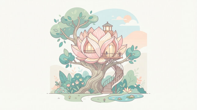 Whimsical lotus blossom treehouse nestled in a serene garden landscape with a spiral staircase and soft pastel tones for a magical nature retreat