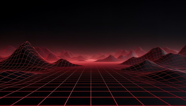 Red glowing grid landscape with mountains at sunset