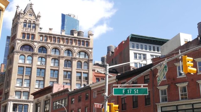 New York City Broadway street sign on Manhattan, United States. Urban road sign in american city. Traffic sign in Midtown. Building architecture in ladies mile historic district near Union Square.