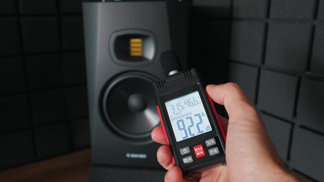 A person holds a digital decibel meter displaying 83.2 dB in front of a professional studio monitor. The background features black acoustic foam panels used for soundproofing in a studio.