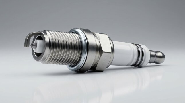 Close up detail of a single metal spark plug with ceramic insulator and threaded shaft