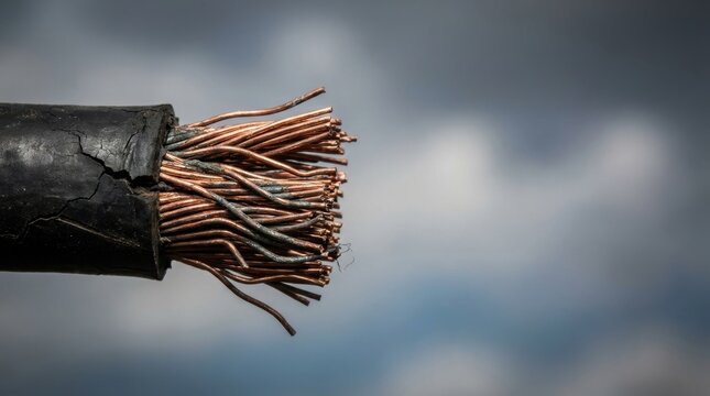 Close up of a frayed black electrical cable with exposed copper wires against a sky