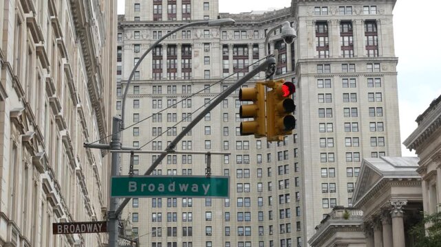 New York City Downtown Civic Center, United States of America. Manhattan municipal building 1914 old historic architecture. Government administration authority. Broadway street sign, Chambers street.